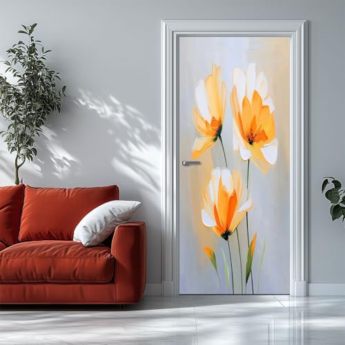 Adesivo murale 3D per porte interne, impermeabile e autoadesivo, in PVC decorazione da parete – Fiori d'arancio Acquerello Pittura a olio porta poster adesivi per soggiorno, 80 x 200 cm