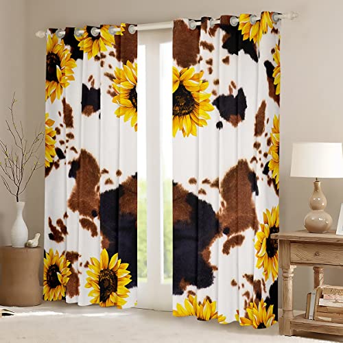 Cow Print Window Drapes Bedroom Decor,White Brown Black Cowhide Sunflower Window Curtains 42X63 Machine Washable,Women Yellow Flora Highland Cow Fur Curtains,Western Funny Animal Window Treatments #TOP1