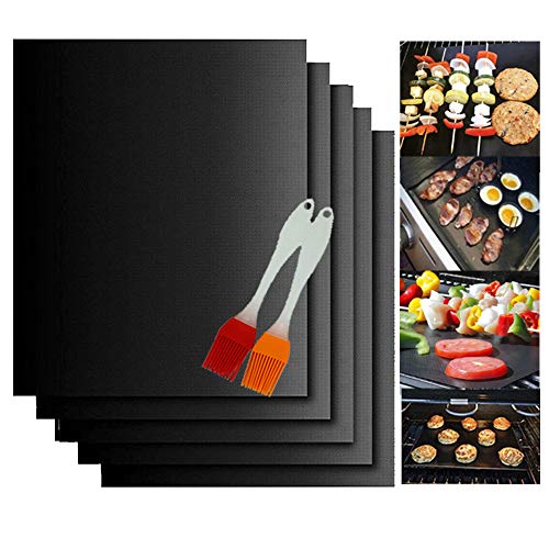 BINHAI 5 Alfombrilla ycepillo para Parrilla de Barbacoa, Malla Antiadherente Reutilizable y para Hornear para Parrilla eléctrica Interior y Exterior, Hojas de 40x33 CM Cover