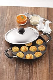 KSJONE 12 Pits Non Stick Pan  Aebleskiver Frying Pan - Poffertjes Maker Pan with 12 Holes - Paniyaram Pan, Appam Maker Panniyarakal  Two Side Handle with Steel Lid  22 cm