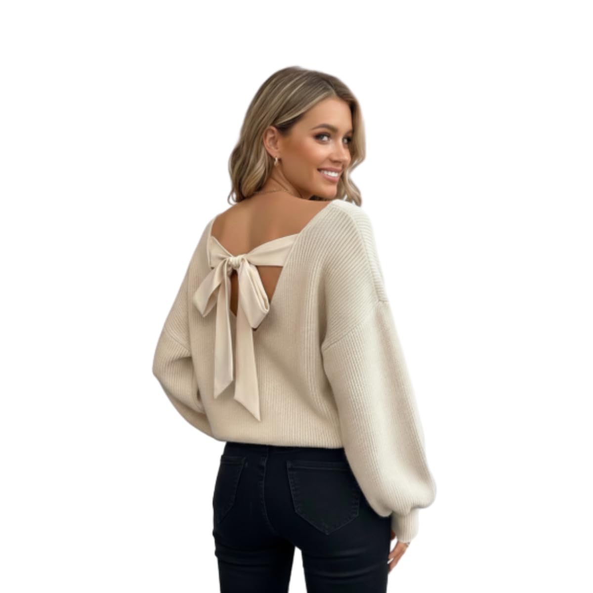 Sweater with Bow in Back Sexy Open Back Knit Top with Big Ribbon Soft Long Sleeve V-Neck Loose