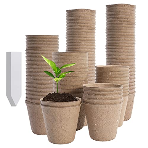 Jumlaner 120 Packs Peat Pots Seed Starter Pots 100% Eco-Friendly Biodegradable Seed Starting Pots Seedlings Planting Germination Nursery Pots With Plant Labels For Indoor Outdoor Garden 3 Inch Round #TOP4