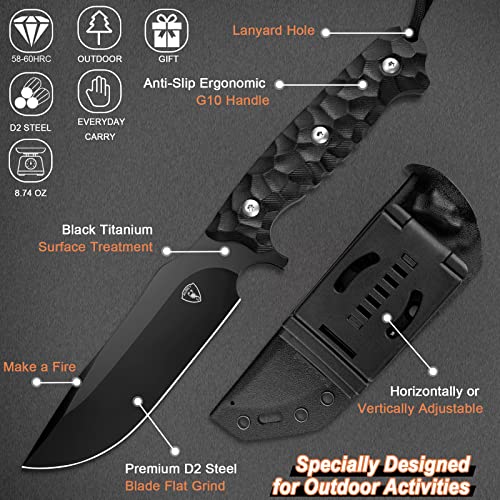 Aubey Outdoor Survival Knife, 10.6" Fixed Blade Hunting Knife D2 Black Titanium Coated Blade, Large Full Tang Camping Knife With Kydex Sheath, Ergonomics G10 Handle, Lanyard Hole, Sharp Fixed Knife With Gift Box #TOP3