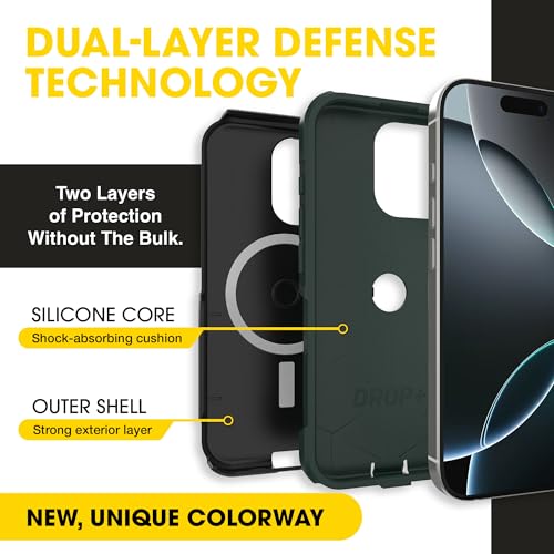 Image of OtterBox iPhone 16 Pro (Only) - Commuter Series Case - Built-in MagSafe - Thin, Dual-Layer, Pocket-Friendly, Port Cover - Forest Night (Black /Green)