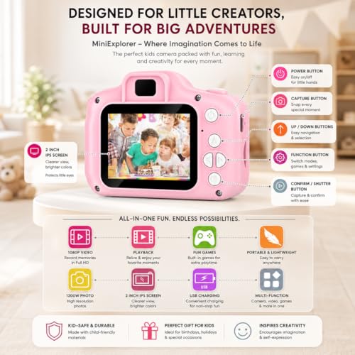 Image of MiniExplorer Mini Camera for Kids 3.0MP 1080P HD Video Digital Camera with 2-Inch Screen, USB Rechargeable Camera for Photo, Supports 32GB SD Card, Toys for Boys & Girls 7-14 Years - Pink