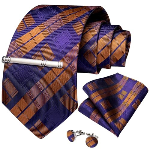 Image of DiBanGu Mens Silk Plaid Tie and Pocket Square Set | Elegant Silk Formal Tie Set, Woven Check Necktie and Cufflinks Tie Clip Set, Perfect for Wedding Party, Comes in Gift Box