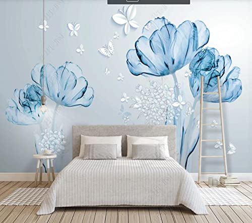 Frtmsticker Fotomurales Decorativos Pared 3D Azul Flor Mariposa Fotomurales 3D Foto-Mural Papel Pintado Impermeable De Pvc Autoadhesivo ​Sala De Estar Dormitorio Tv Fond 140X70Cm