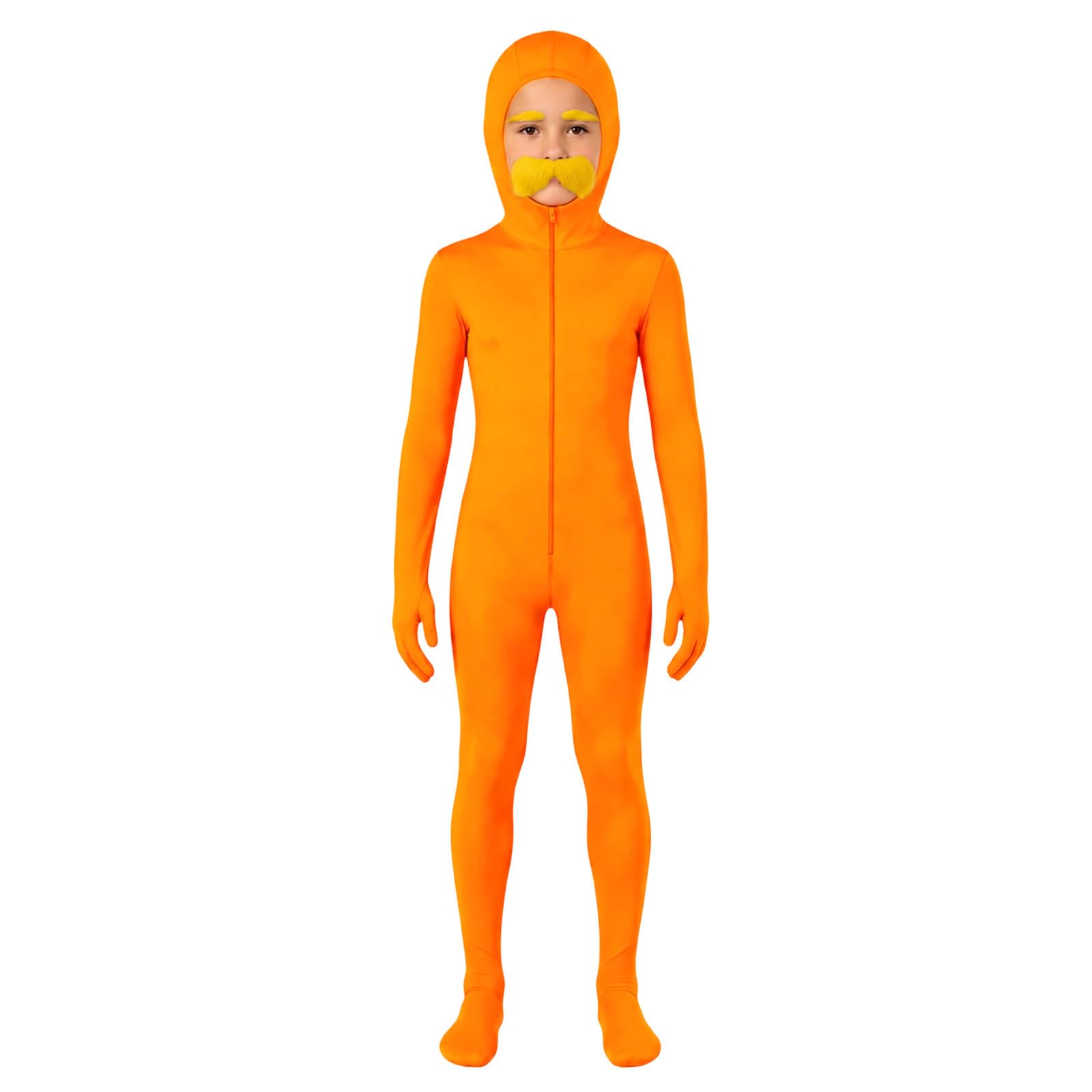 Costume Kids Orange Jumpsuit Full Body Open Face Bodysuit with Yellow Mustache and Eyebrows for Men Themed Parties Halloween Costumes and Cosplay Events