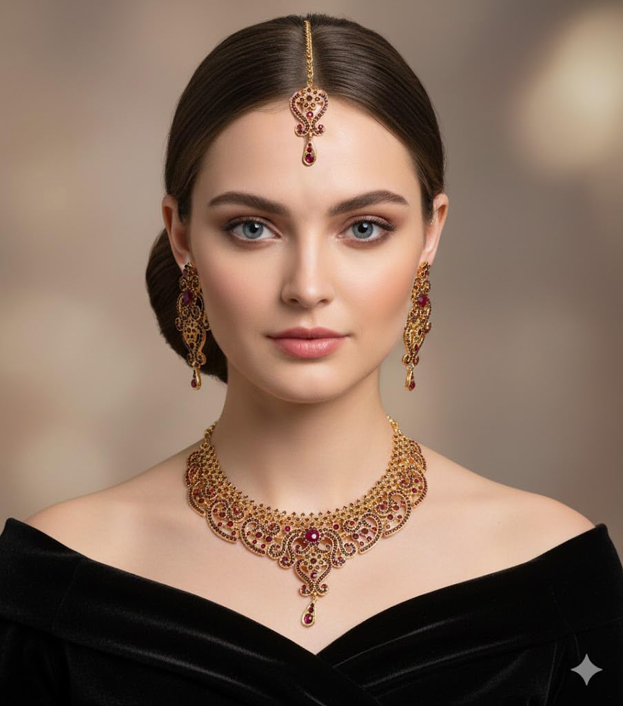 Touchstone Indian jewelry set for women bollywood gold jewellery wedding outfits necklace sets earrings bridal maang tikka fancy costume girls big desi accessories rhinestone in gold or silver tone - Image 4