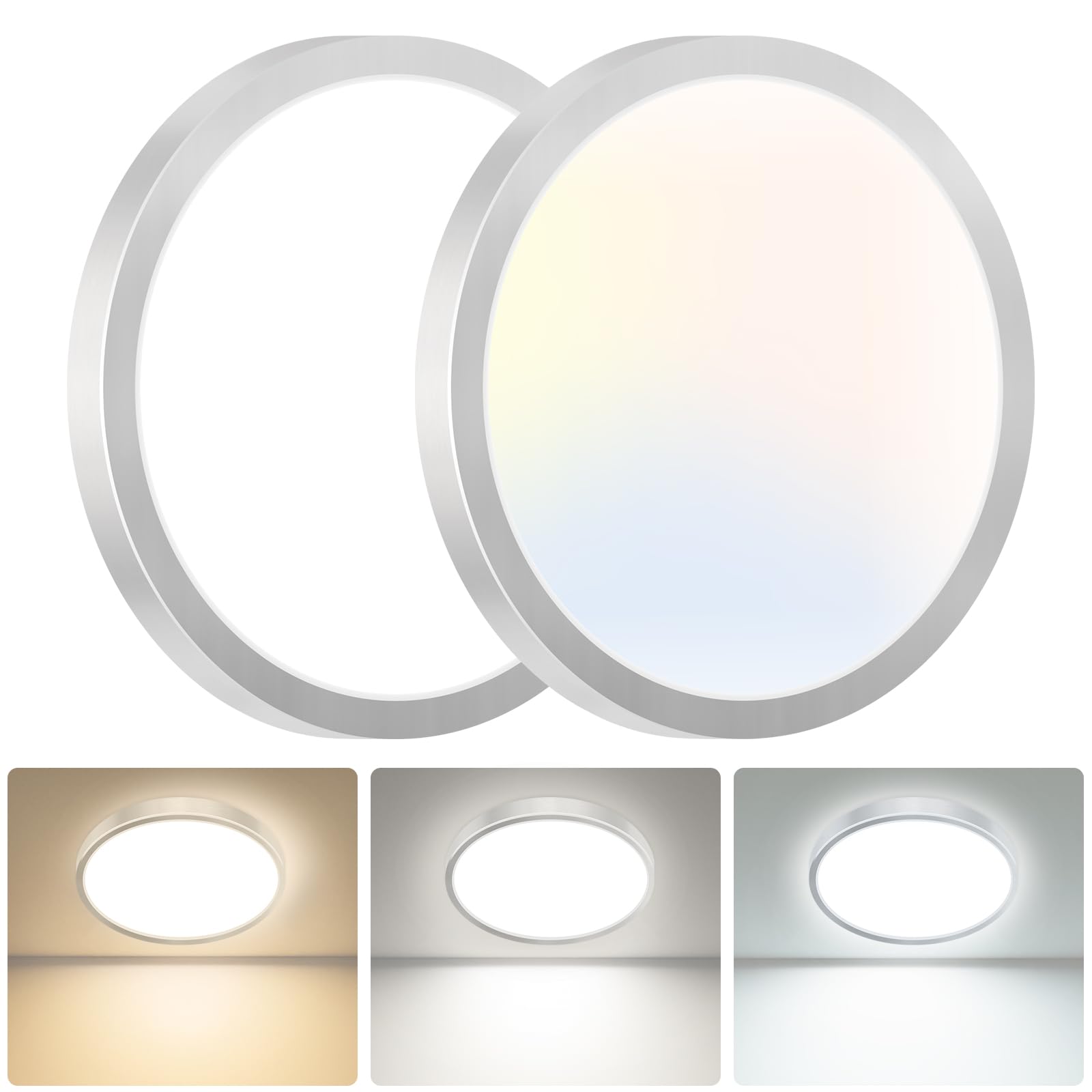 hepside LED Ceiling Light,3000K/4000K/6500K 3 Color Temperature, Waterproof IP54 LED Ceiling Lamp, Modern,Round Flush Ceiling Light for Bathroom, Living Room,Bedroom, Kitchen, Hallway, 2 Pack