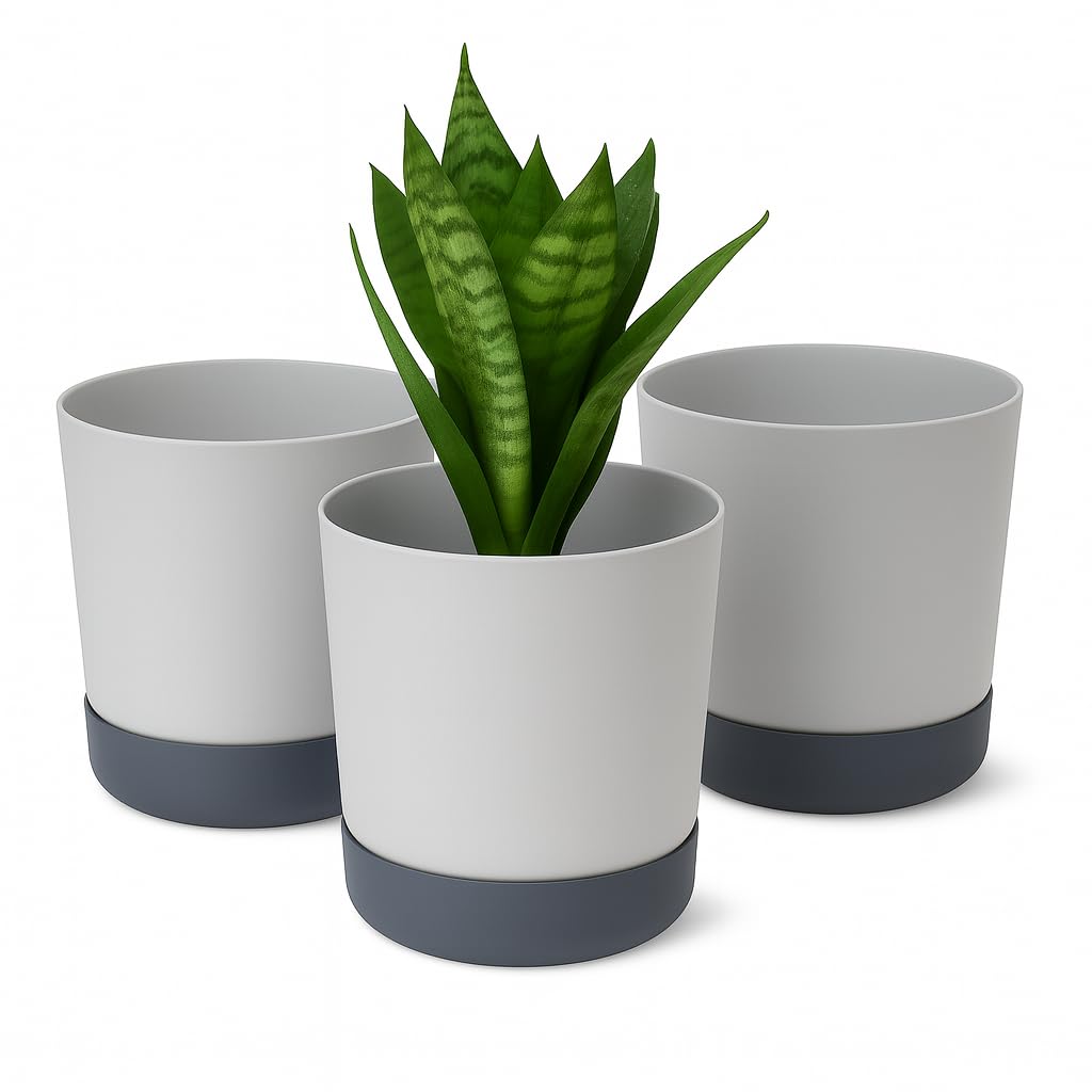 Home Garden Ornaments Grey + Anthracite Plant Pots Indoor – Set Of 3 Plastic Outdoor Planters With Drainage Holes And Saucer, Classy Decorative Flower Pots (15Cm / 6Inch – Grey/Anthracite)