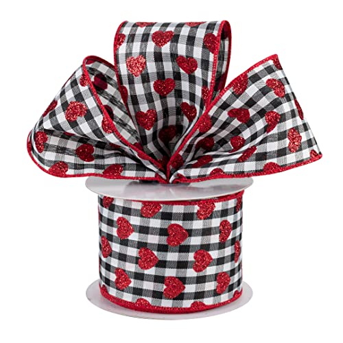 Image of Buffalo Plaid Glitter Hearts Ribbon - 2 1 /2 inch x 10 Yards, White & Black Checks, Valentine's Day Decor, Red Glitter Heart on Wired Ribbon, I Love You, Gift Bow, Bouquet