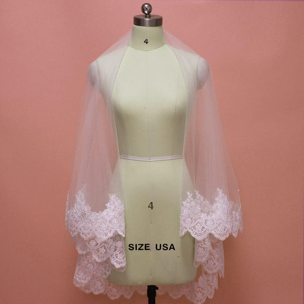 Veli 2 Strati Velo da Sposa Corto in Pizzo Tulle con Pettine Tulle da Sposa Bling Paillettes Velo da Sposa in Pizzo Velo da Spalla Semplice