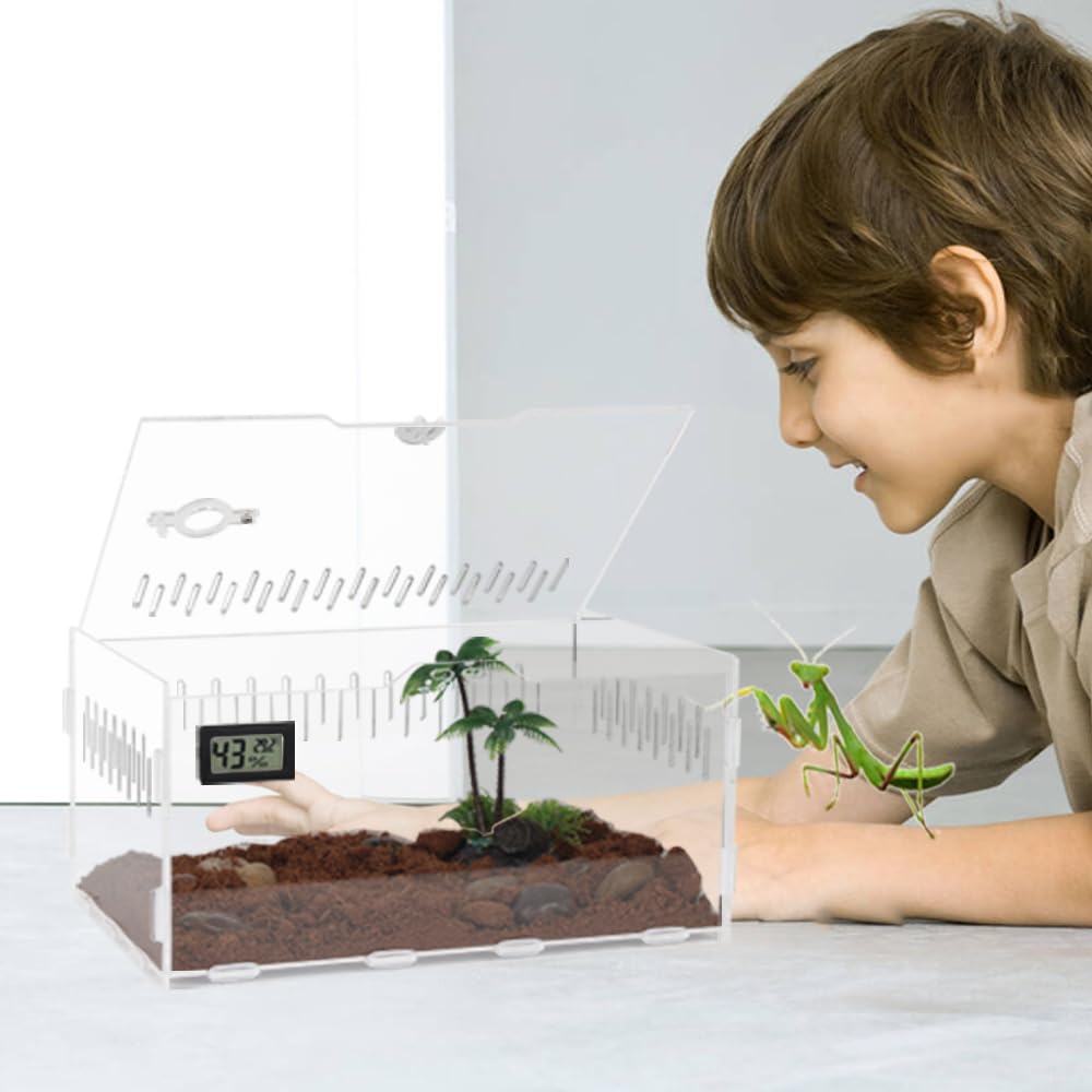 Terrarium Acrylique Transport Reptiles YUEHUA | 8x8x14 Cm | 20 Trous Aération | Fermeture Magnétique | Pour Insectes, Araignées, Petits Lézards
