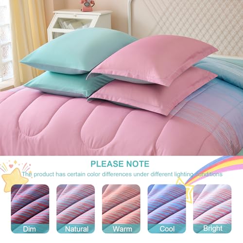 Image of Dinjoy Girls Comforter Set Full Size Colorful Ombre Pink Green Rainbow Bedding Set Bed in A Bag for Kid Teen Girls 7 Pieces (1 Comforter, 1 Flat Sheet, 1 Fitted Sheet, 2 Pillow Shams, 2 Pillowcases)