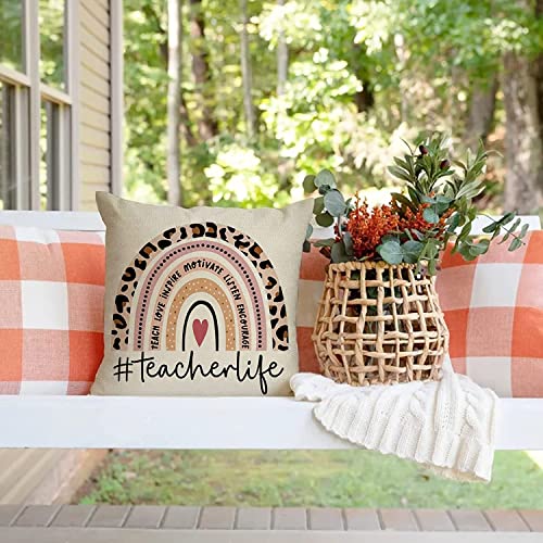 Ussap Teacher Life Boho Rainbow Home Decorative Throw Pillow Cover, Back To School Graduation Appreciation Cushion Case 16X16 Women Gifts, Leopard Sofa Couch Decor Bohemian Decoration #TOP5