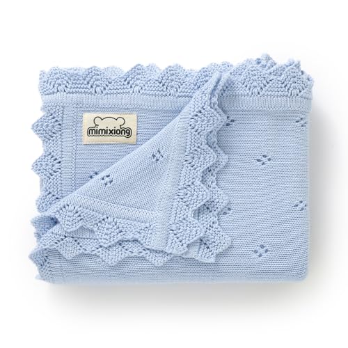 Image of mimixiong Cotton Baby Blanket Knitted Crochet Receiving Crib | Nursery Swaddling Blankets for Newborn Baby Boy Girl LightBlue 30x40 Inch