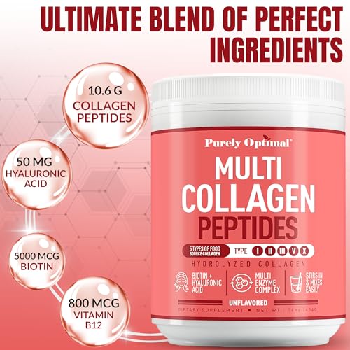 Purely Optimal Collagen Peptides Powder - 5 Types Hydrolyzed Collagen Peptides with Biotin, B12, & Hyaluronic Acid for Hair, Skin, Nails, Bones & Joints - Unflavored, Easy Mixing, 16oz, 42 Servings