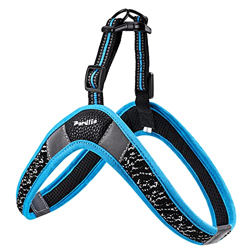 Pordlie Dog Harness No Pull, Easy On and Off Ultra Soft Breathable Padded Pet Vest Harness, Adjustable Reflective Top Paw Dog Harness for Small Medium Large Dogs (Small, Black-Blue)