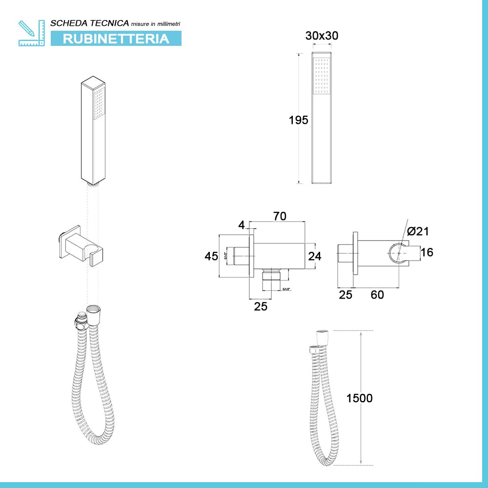 Set doccia a incasso completo nero opaco con deviatore, soffione quadrato 25 cm e kit doccia completo con presa acqua e laccio, KUBO