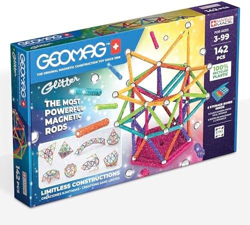Geomag, Glitter Recycled, Glitzereffekt-Magnetkonstruktionen, Glitzer und Bunte Magnetstäbe, 142 Stück, 100% recycelter Kunststoff