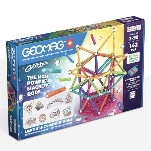 Geomag, Glitter Recycled, Construcciones magnéticas con Purpurina, Barras magnéticas con Purpurina y Colores, Paquete de 142 Piezas, 100% plástico Reciclado