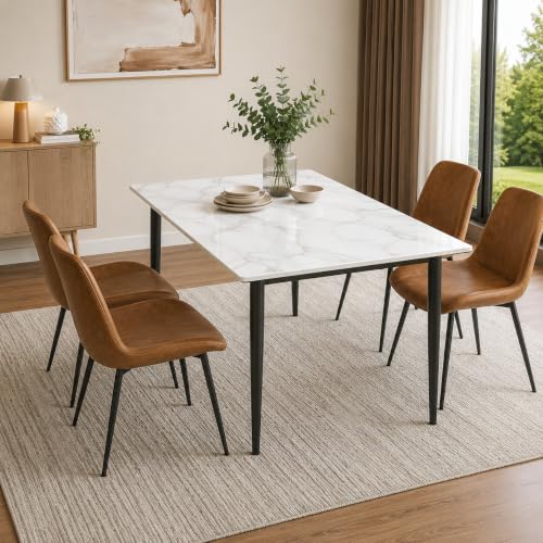 Image of Eclipse Four Seater Faux Marble Dining Set | 15mm Sintered Stone Dining Table | Upholstered Metal Chairs | Galaxy Cream (DIY Assembly)