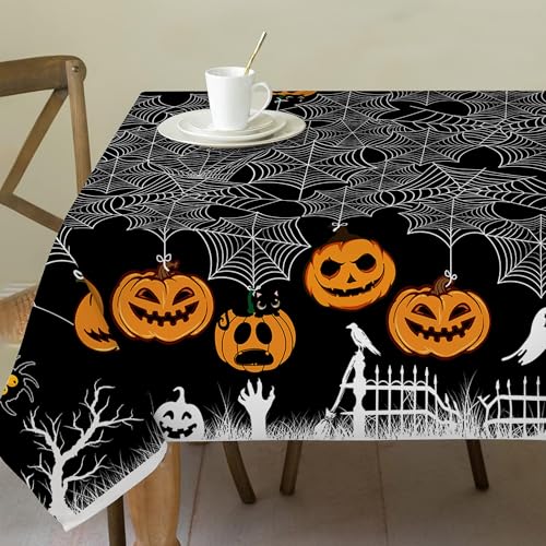 Halloween Tablecloth 60x84 Inches Rectangle - Orange Water Resistant Spider Web Table Cloth, Scary Table Decor for Party
