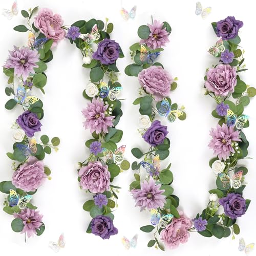 12FT Artificial Eucalyptus Flower Garland with Butterflies - Pack of 2 Fake Rose Garland Faux Greenery Eucalyptus Garlands for Wedding Table Backdrop Centerpieces Decorations - Light Purple & Purple