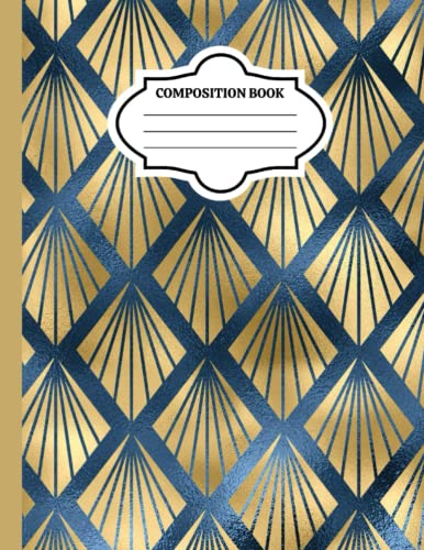 Gold Composition Notebook: Wide Ruled Paper Notebook Journal. Blank Wide Lined Workbook for Women, Girls, Kids, Teens and Students. Gold Blue Classic Glossy Pattern. 8.5 x 11 (A4), 200 Pages.