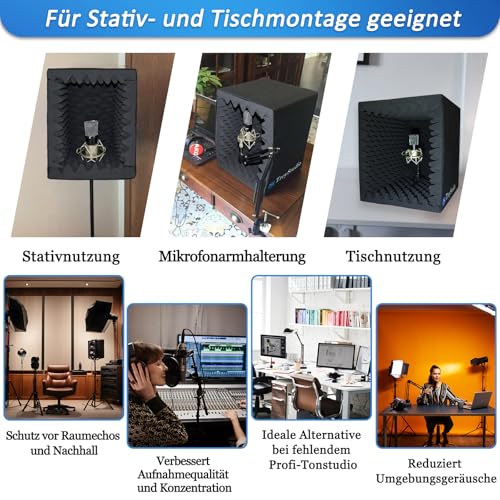 BXI Tragbare Schallaufnahme-Vokalkabine - |Reflexionsfilter & Mikrofon-Isolationsschild| - |Großer, faltbarer, ständermontierbarer, super dichter schalldämmender Schaumstoff