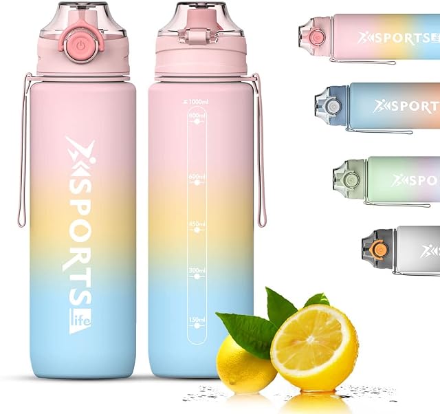 Bugucat Water Bottle 1L, Drinks Bottle with Time Markings, Jug Leak Proof,Sport Water Storage Container for Teenager Adult, Water Bottle for Gym Cycling Fitness School Outdoor