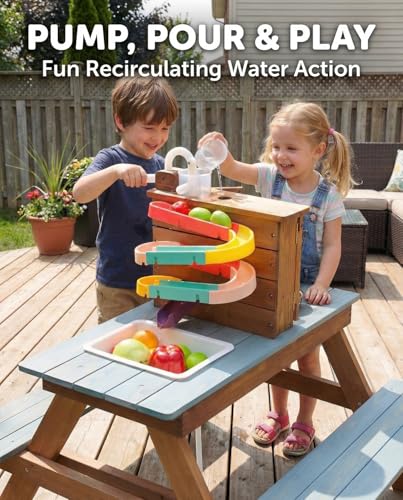 Image of Mud Kitchen for Kids Outdoor, Wooden Play Table with Hand Pump and Sink, Picnic Bench, Stainless Steel Cookware & Bucket, Backyard Sensory Play Kitchen for Toddlers Age 3+