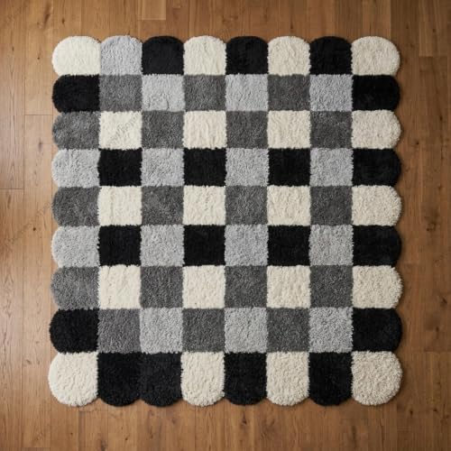 Image of SWEET HOMES Luxury Abstract Shag Rug, Thick Soft Square Area Carpet for Living Room, Bedroom, 4 x 4 Feet (122 x 122 cm), Grey & Ivory