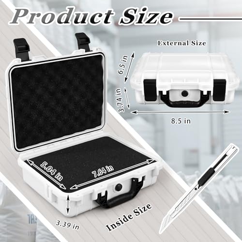Image of Relaxweex 1 Pcs Waterproof Hard Case with DIY Customizable Foam Insert Portable Protective Case with Knife for Camera Drones Equipments Tools Test Instruments(White,8.5 x 6.5 x 3.7 Inch)