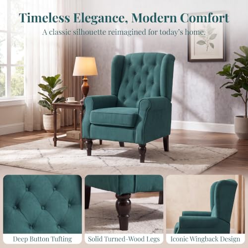 Image of Tufted Wingback Accent Manual Single Lounge Recliner Chair, Green | Tufted Wingback Accent Chair, Upholstered Single Lounge Chair with Solid Wood Legs