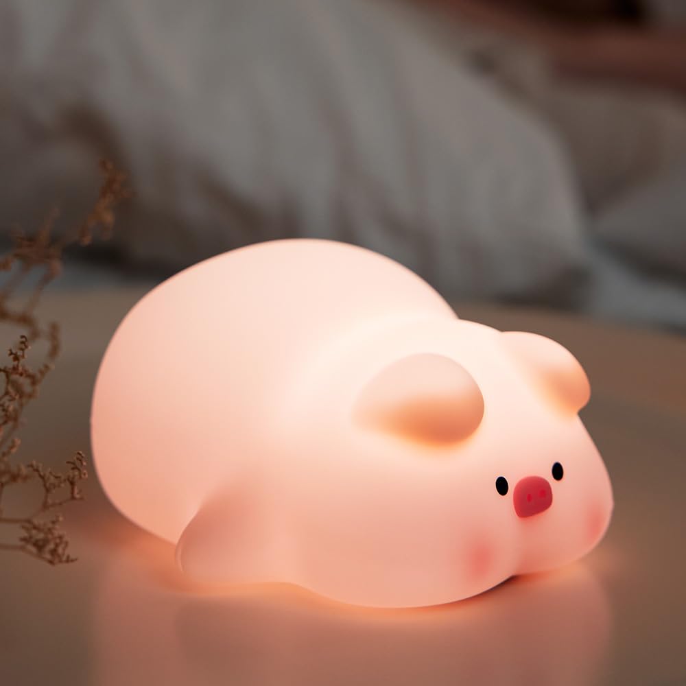 Myratts Cute Pig Night Light, 3 Level Dimmable Nursery Nightlight, Kawaii Lamps Squishy Silicone Rechargeable Touch Lamp, Best Gift for Kids Adults Room Decor — image 1