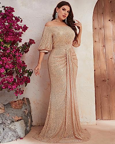 Women's Plus Size Off Shoulder Puff Sleeve Sequin Formal Maxi Dress Evening Party Gowns4