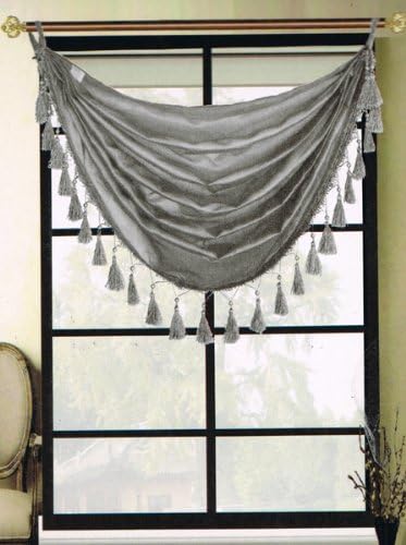 Faux Silk Waterfall Valance with Grommets & Fringes- 26inch X 27inch (One Valance per Package) (Silver)