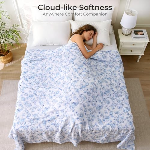 Muslin Blankets for Adults Reversible Throw Fleece & Gauze, Soft Cozy Lightweight Breathable Blue Floral Blanket for Bed Couch, Double Layer Muslin Throw Cover 50"x70" - image 5