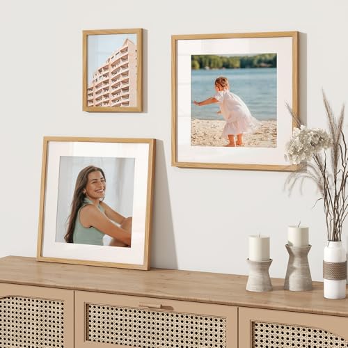 Image of FLYJOE 16x16 Oak Wood Square Picture Frame with Mat for 12x12, 16 by 16 USA-Sourced Natural Solid Wooden Photo Frame for Wall Display, Tempered Real Glass, Hanging Hardware Included, 3 Pack, Natural