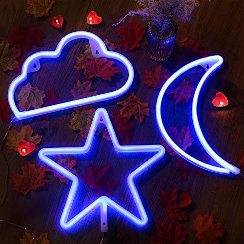 Star Moon and Cloud Neon Signs Decorative LED Light Art Battery or USB Operated Wall Neon Light Decor for Christmas, Birthday Party, Wedding, Outdoor Activities (Blue)