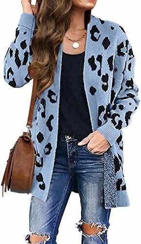 ZESICA Women's Long Sleeves Open Front Leopard Print Knitted Sweater Cardigan Coat Outwear,Blue,Medium