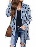 ZESICA Women's Long Sleeves Open Front Leopard Print Knitted Sweater Cardigan Coat Outwear,Blue,Medi