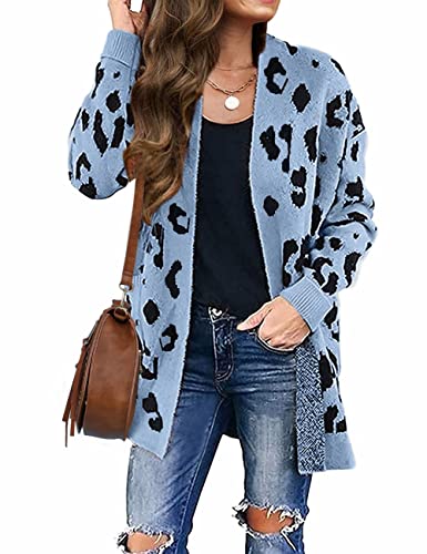 Zesica Women's Long Sleeves Open Front Leopard Print Knitted Sweater Cardigan Coat Outwear,Blue,Medium #TOP30