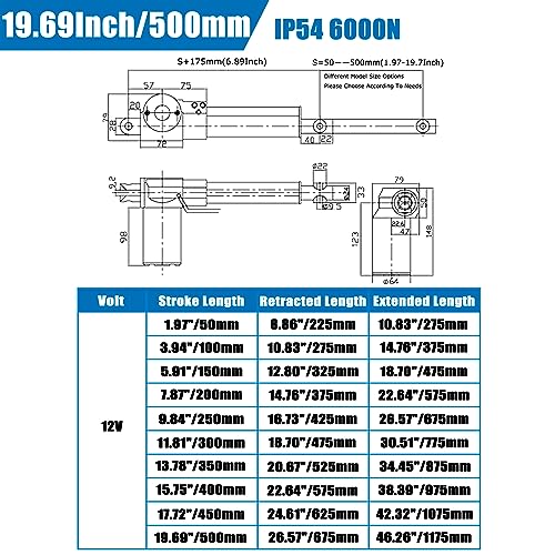 WYDDDARY Linear Actuator 19.69inch (500mm) Stroke 12V DC Heavy Duty 6000N/1320LB Actuators Controller with Mounting Bracket for Recliner Electric Sofa TV Table Lift