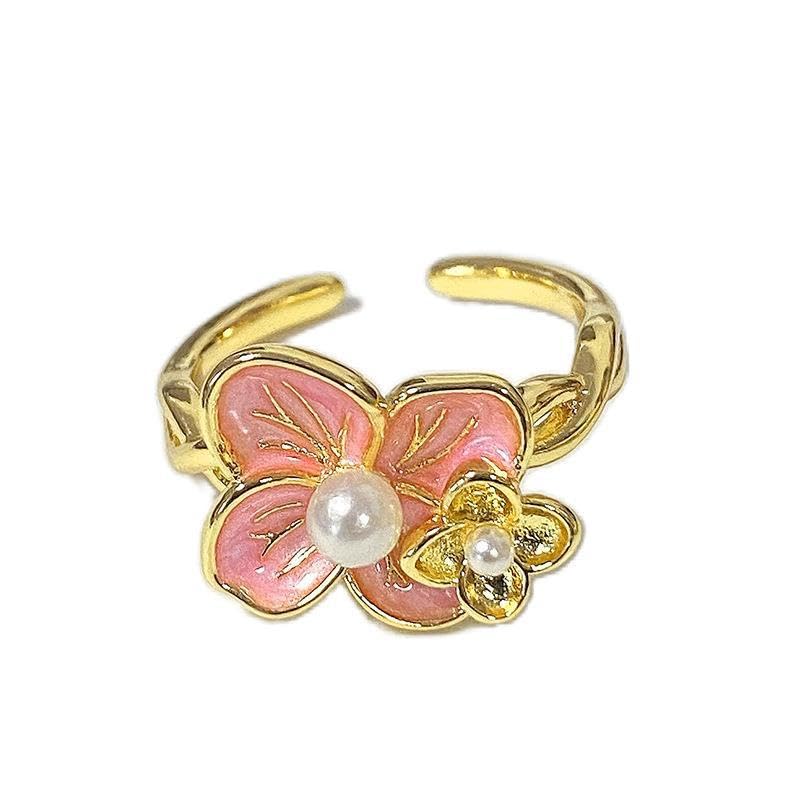 Sweet Peach Blossom Flower Pearl Open Statement Ring for Women Dainty Cute Pink Enamel Petals Floral Adjustable Band Gold Plated Finger Rings Wedding Engagement Promise Comfort Fit Stackable Jewelry