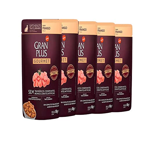 KIT 5 Ração Úmida Gran Plus Sachê Gatos Gourmet Trato Urinário Frango - 85g