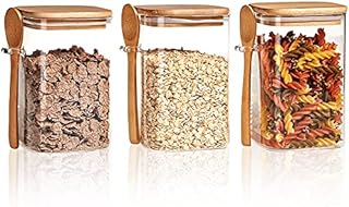 NENEO FanFan Set 3, 1200ML Glass Jars Storage with Lid Dia 10cm Square Airtight Glass Jars with Spoon for Preserving Food