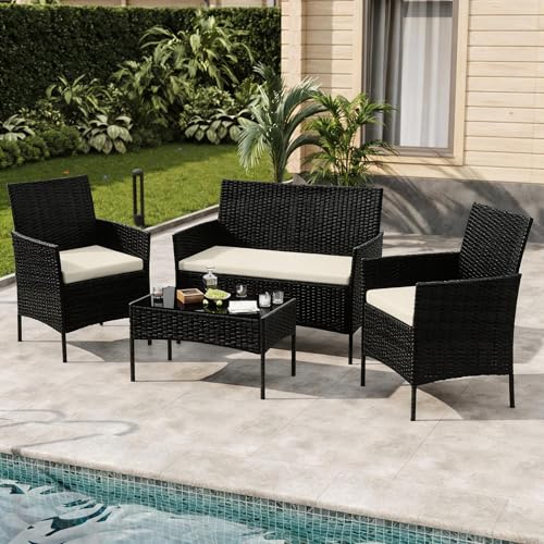 Image of 4-Piece Outdoor Patio Furniture Set - Black Wicker Rattan Bistro Conversation Set with 2 Chairs, Loveseat, Tempered Glass Coffee Table, Thick Creamy-White Cushions - Balcony, Garden, Porch or Poolside